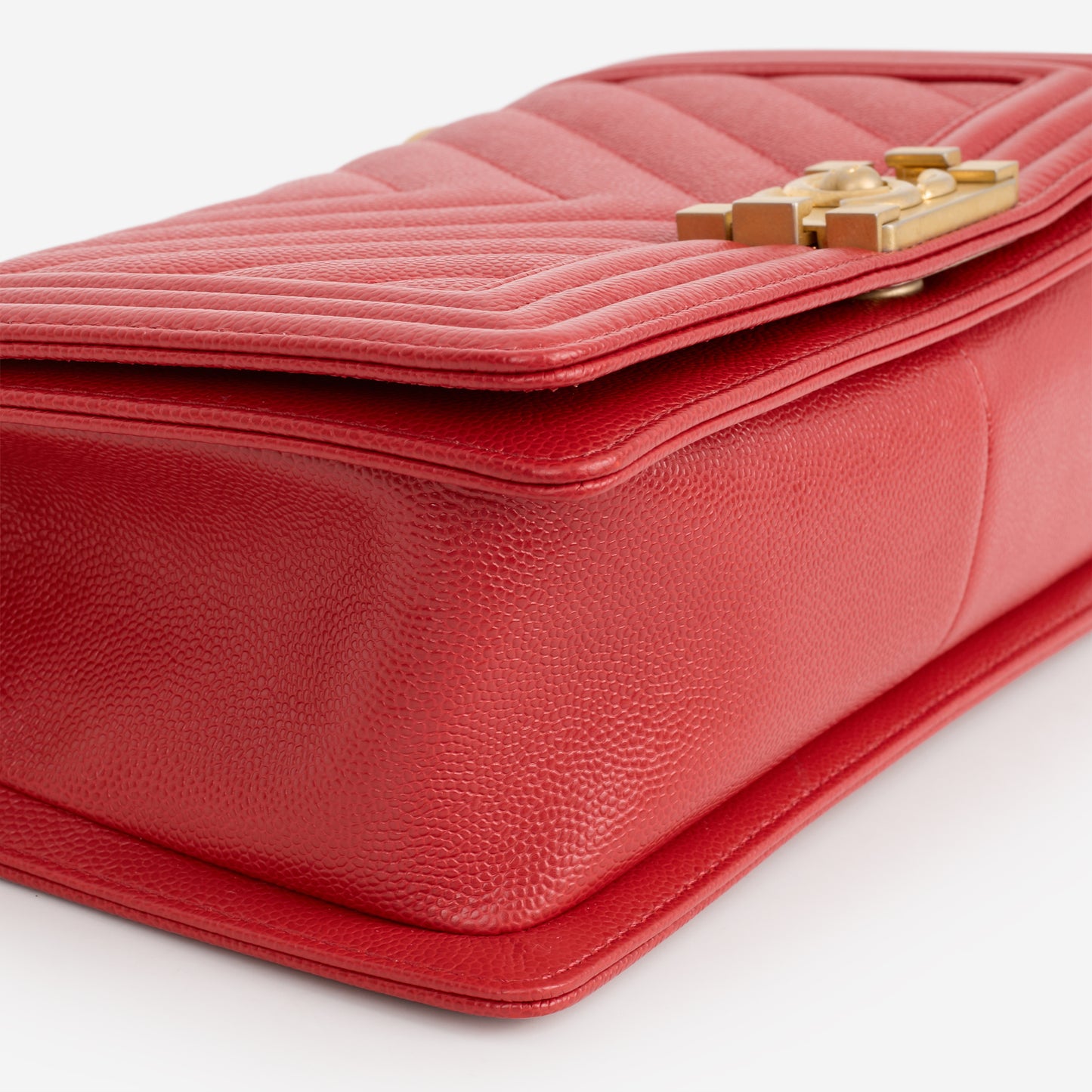Chanel Old Medium Boy Bag - Red Chevron Caviar | Aged Gold Hardware - Bagista