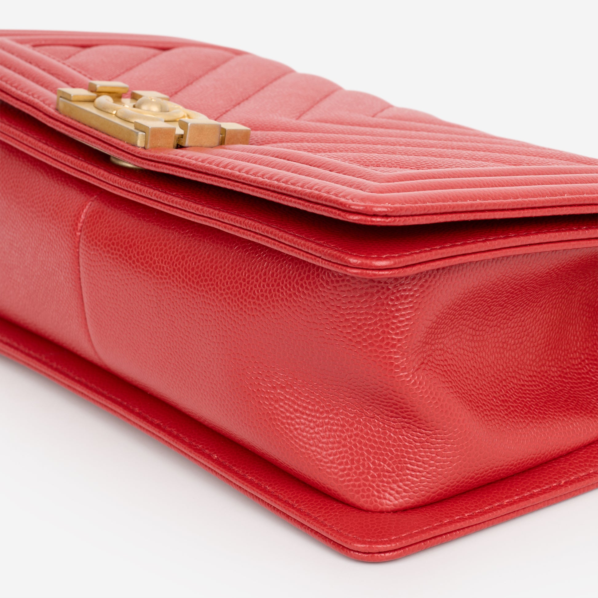 Chanel Old Medium Boy Bag - Red Chevron Caviar | Aged Gold Hardware - Bagista