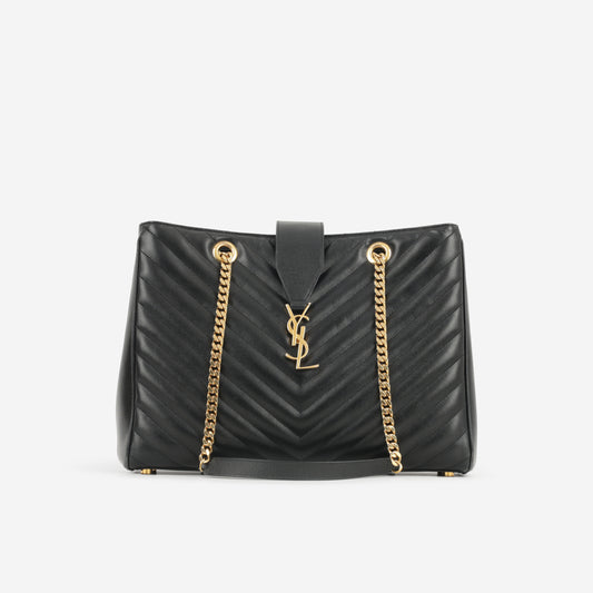Saint Laurent Cassandre Shopper Tote Bag - Black Grained Calfskin | Gold Hardware