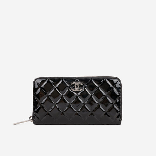 Chanel Classic Long Zip Wallet - Black Patent | Embellished Silver Hardware