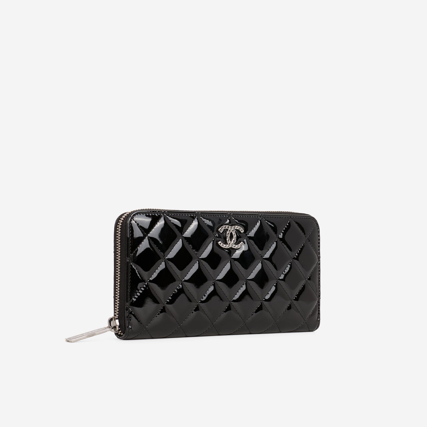 Chanel Classic Long Zip Wallet - Black Patent | Embellished Silver Hardware
