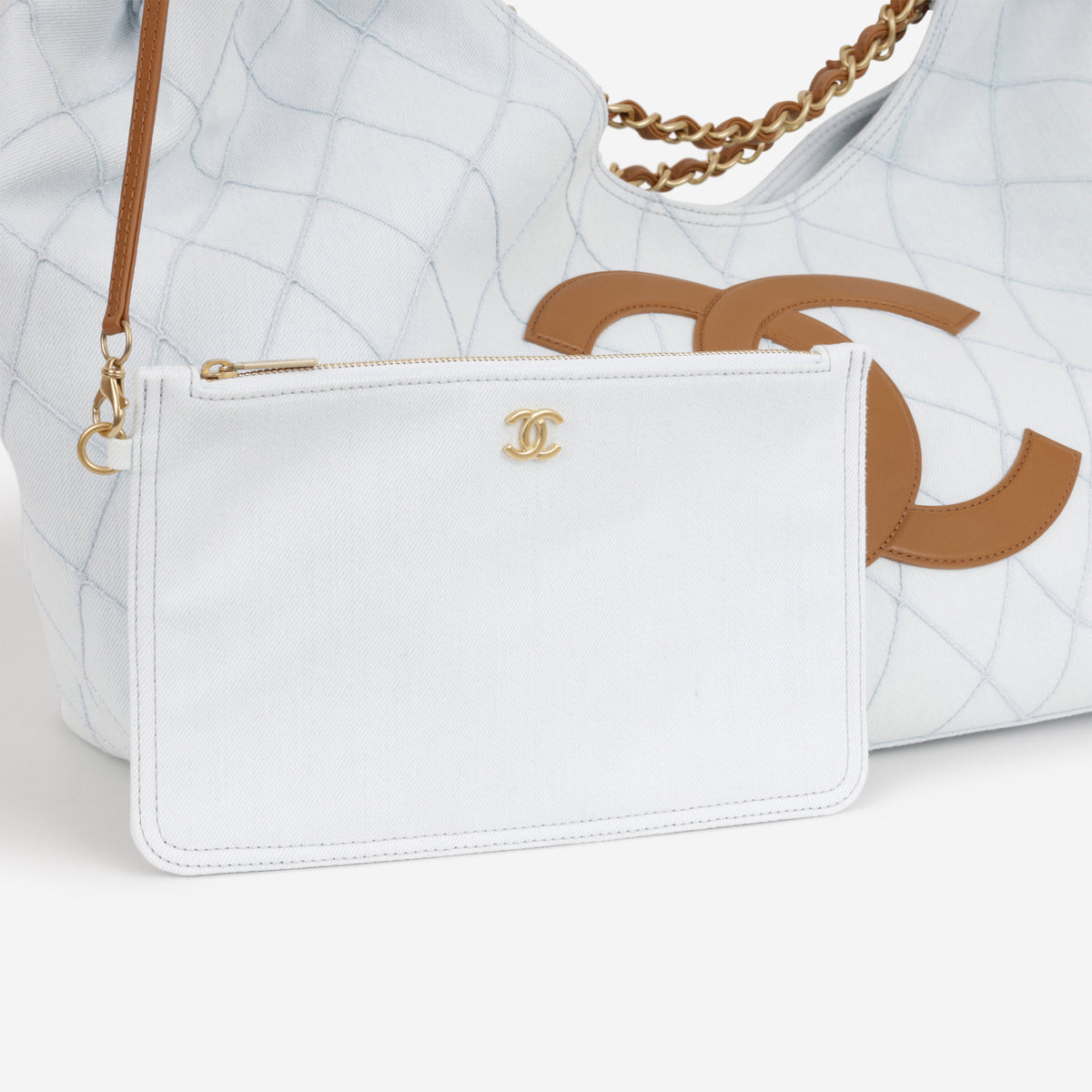 Chanel Coco Beach Tote - Light Quilted Denim / Brown Lambskin Trim | Gold Hardware