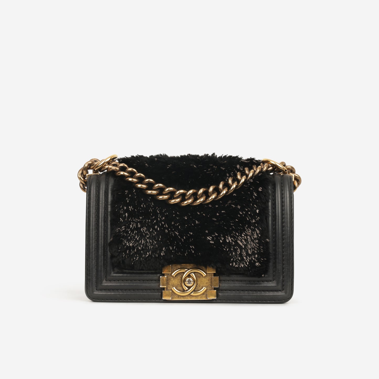 Chanel Small Boy Bag - Black Fur Panel / Lambskin | Antique Gold Hardware