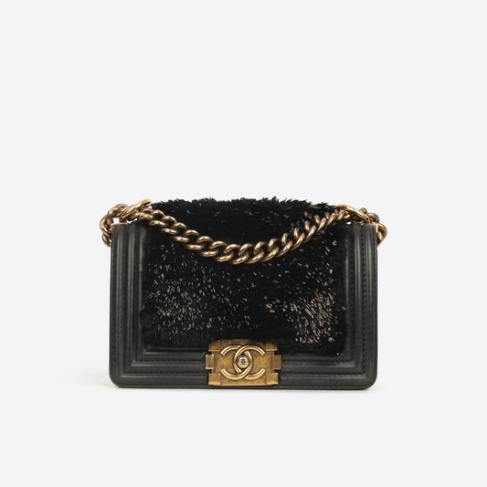 Chanel Small Boy Bag - Black Fur Panel / Lambskin | Antique Gold Hardware - Bagista