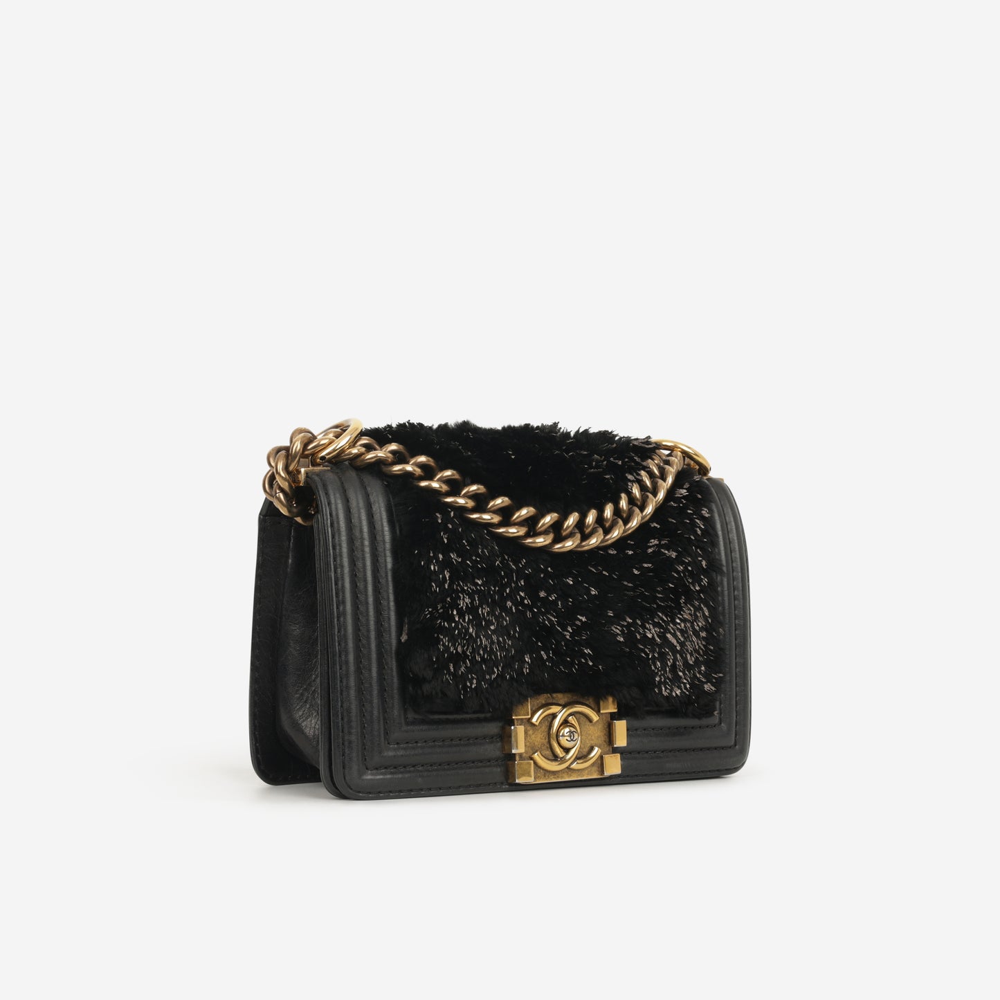 Chanel Small Boy Bag - Black Fur Panel / Lambskin | Antique Gold Hardware