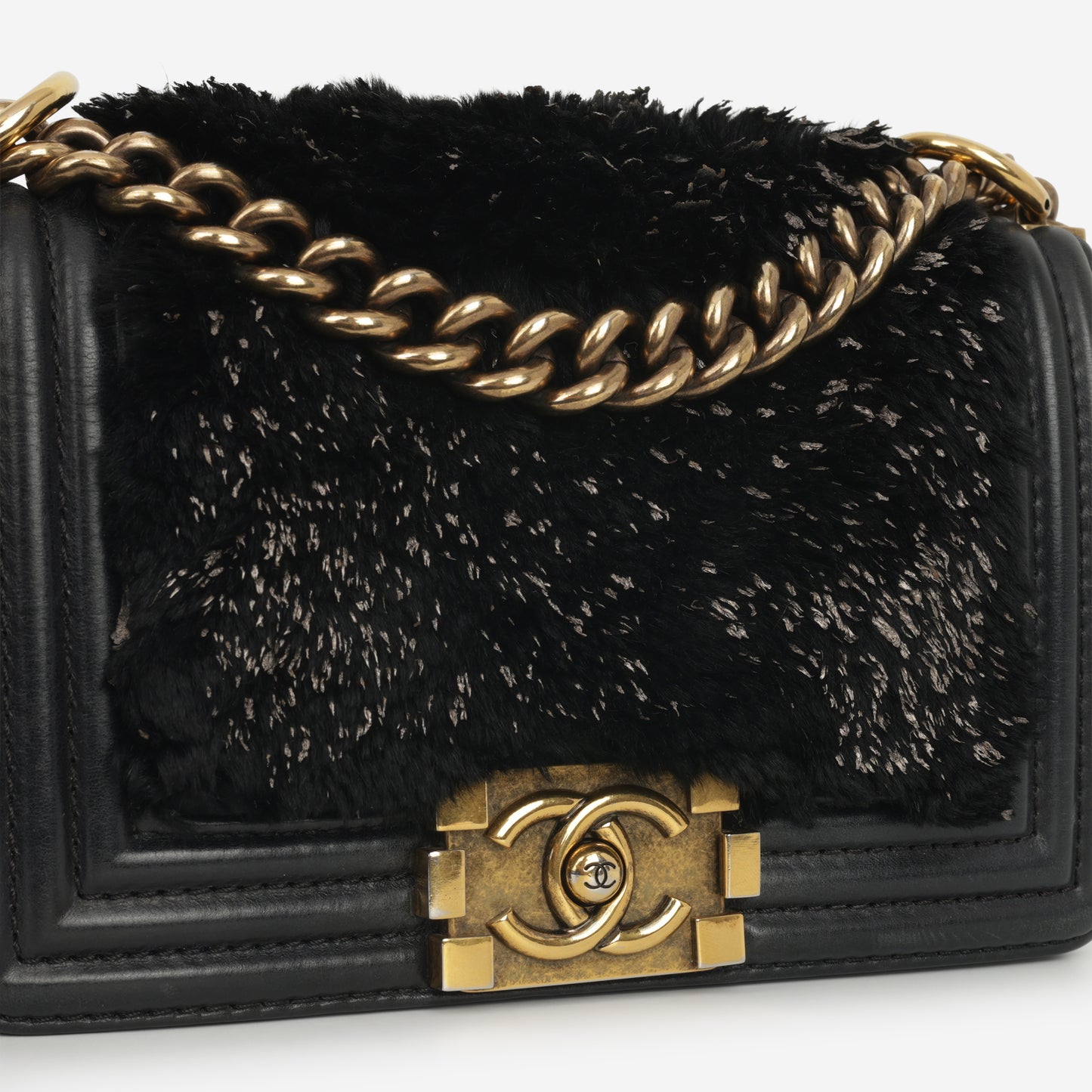 Chanel Small Boy Bag - Black Fur Panel / Lambskin | Antique Gold Hardware