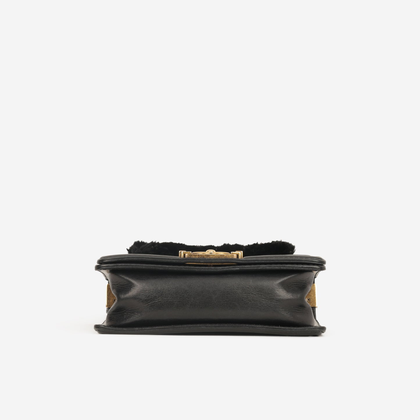 Chanel Small Boy Bag - Black Fur Panel / Lambskin | Antique Gold Hardware