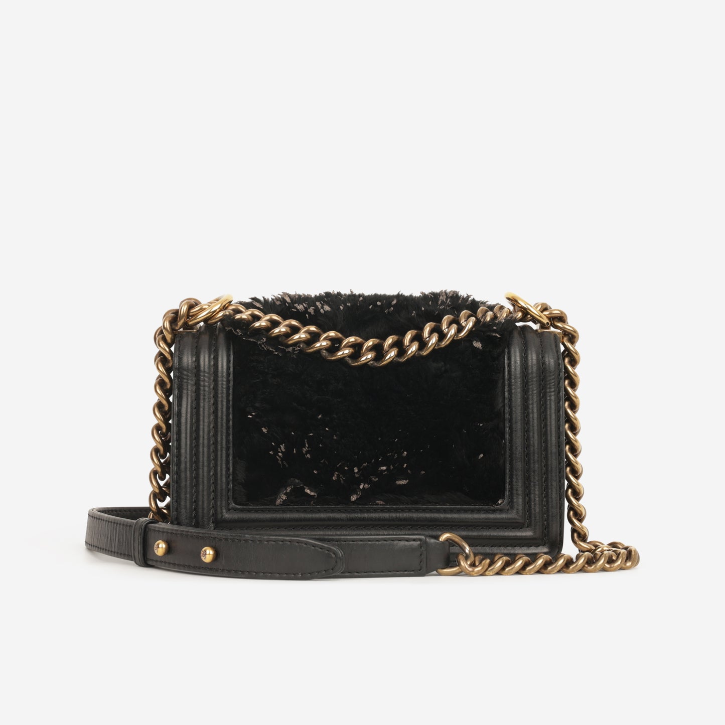 Chanel Small Boy Bag - Black Fur Panel / Lambskin | Antique Gold Hardware