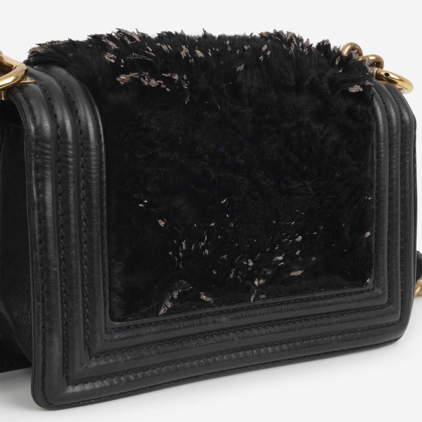 Chanel Small Boy Bag - Black Fur Panel / Lambskin | Antique Gold Hardware