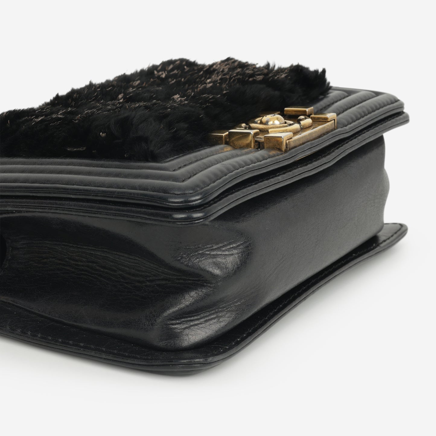 Chanel Small Boy Bag - Black Fur Panel / Lambskin | Antique Gold Hardware