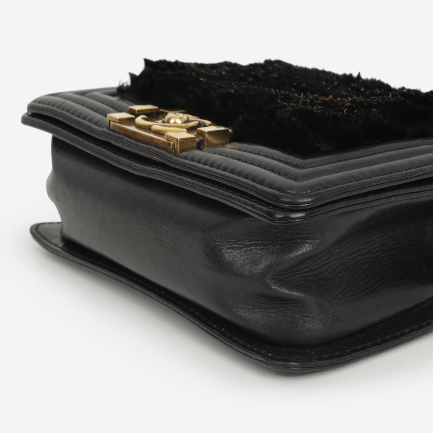 Chanel Small Boy Bag - Black Fur Panel / Lambskin | Antique Gold Hardware