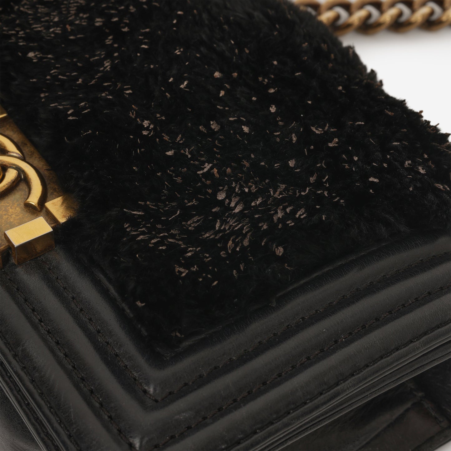 Chanel Small Boy Bag - Black Fur Panel / Lambskin | Antique Gold Hardware
