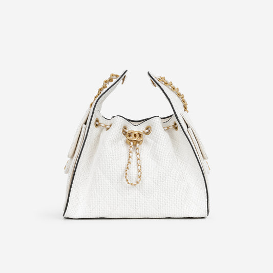 Chanel Small 25 Hobo - White Raffia / Black Trim | Aged Gold Hardware