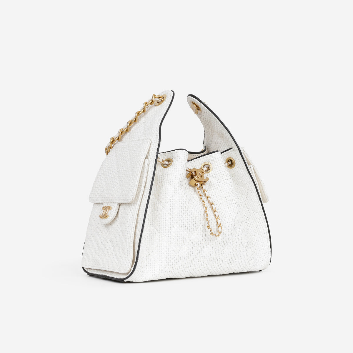 Chanel Small 25 Hobo - White Raffia / Black Trim | Aged Gold Hardware