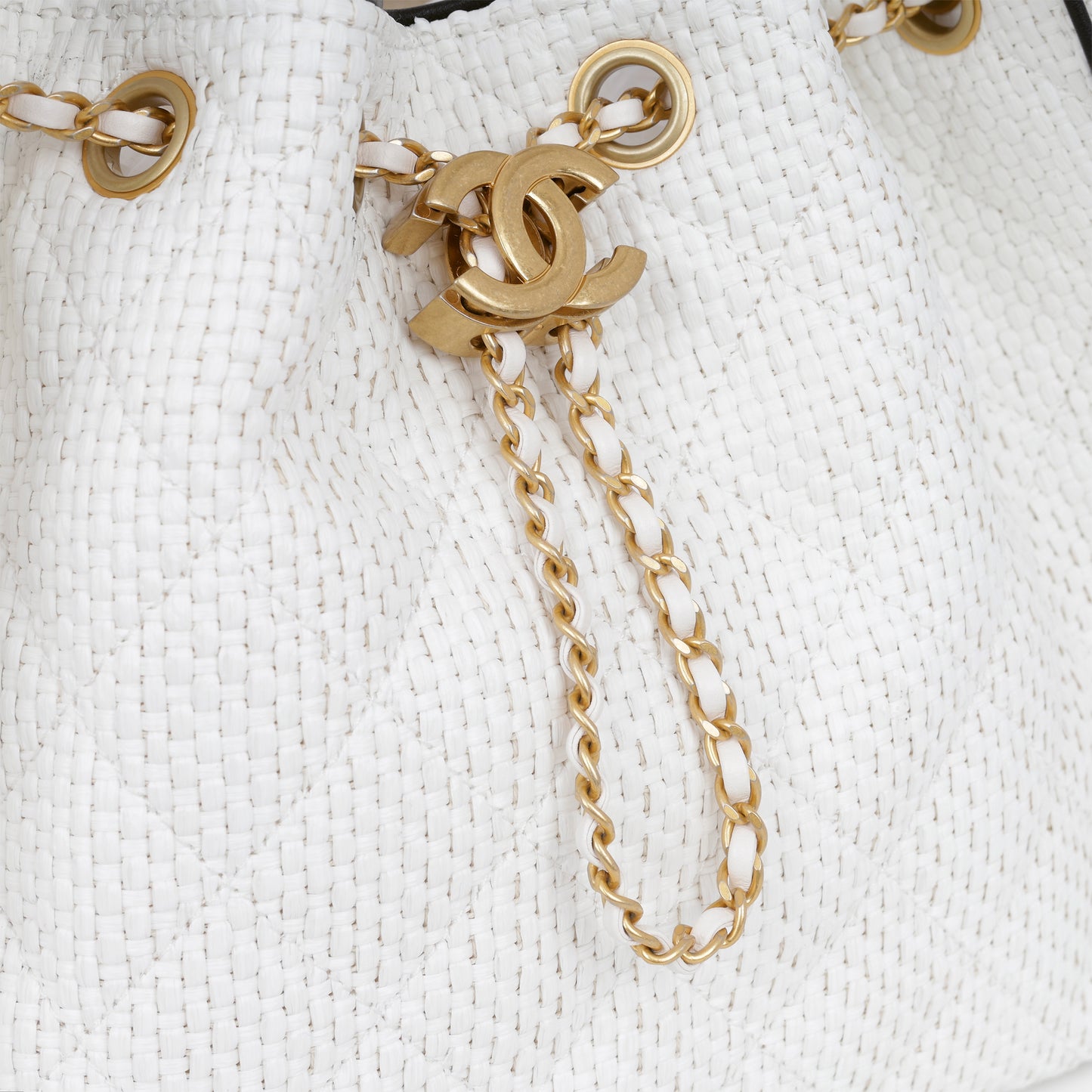 Chanel Small 25 Hobo - White Raffia / Black Trim | Aged Gold Hardware
