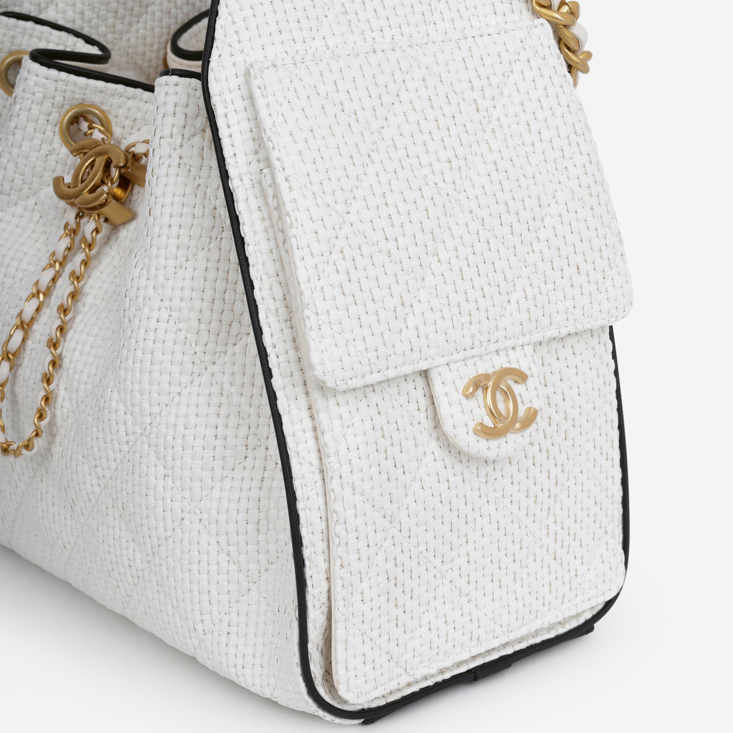 Chanel Small 25 Hobo - White Raffia / Black Trim | Aged Gold Hardware