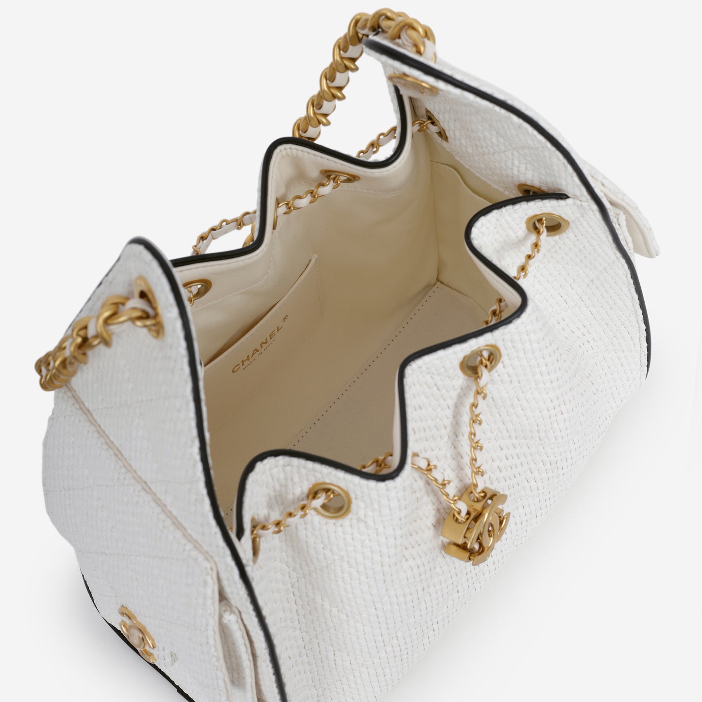 Chanel Small 25 Hobo - White Raffia / Black Trim | Aged Gold Hardware