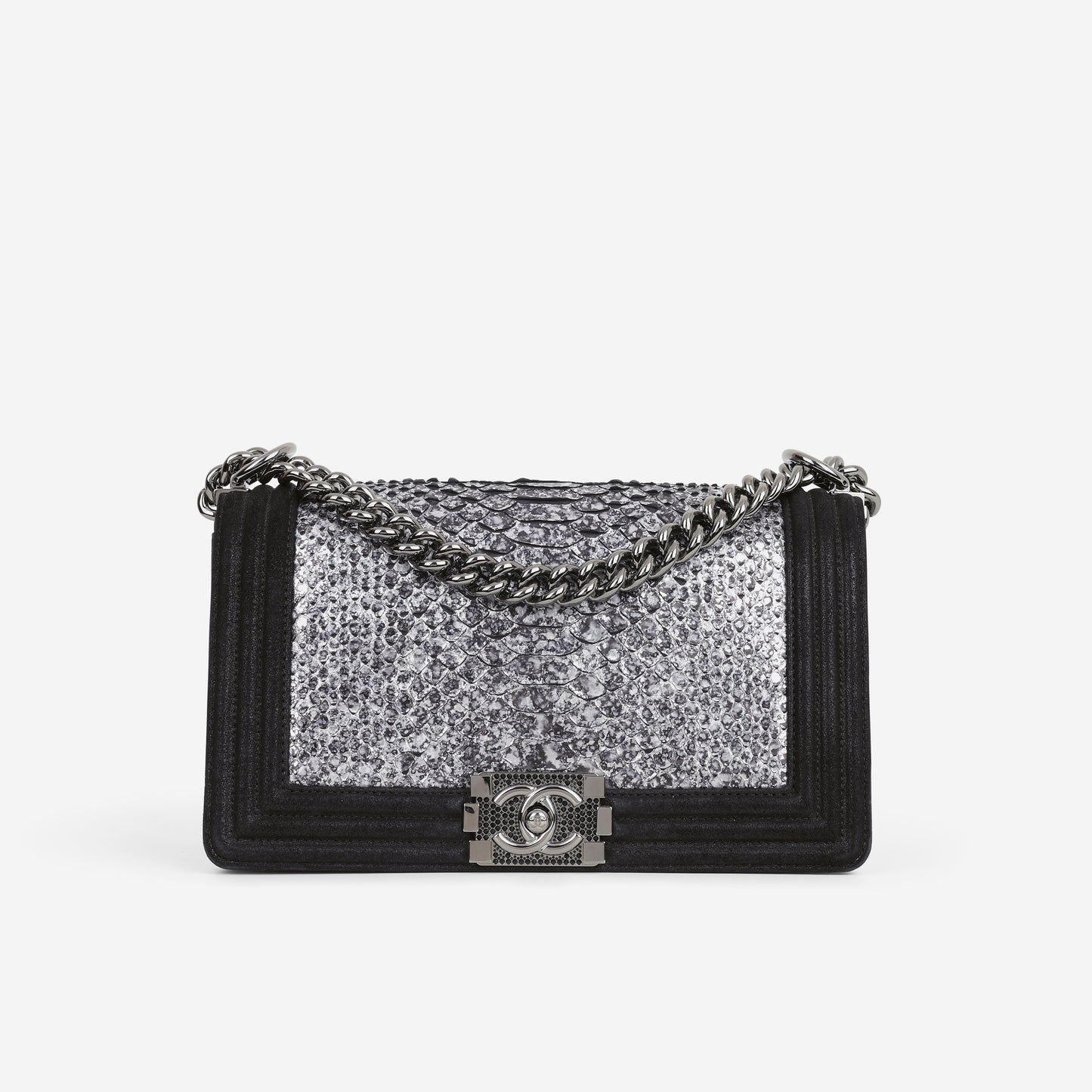 Chanel Old Medium Boy Bag - Silver Python / Black Suede | Gunmetal Hardware