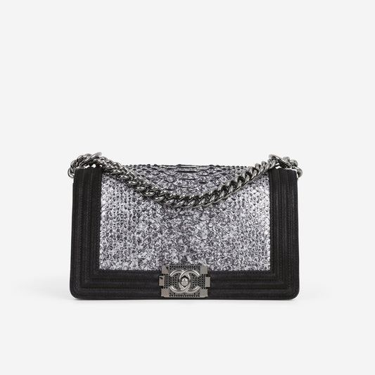 Chanel Old Medium Boy Bag - Silver Python / Black Suede | Gunmetal Hardware