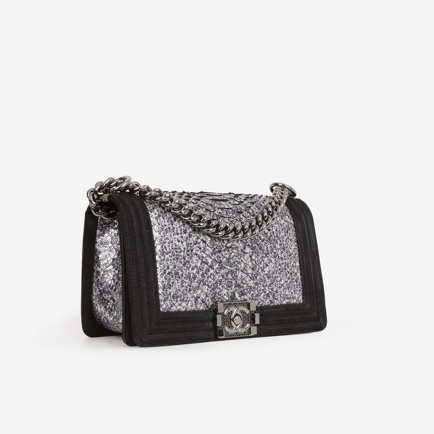 Chanel Old Medium Boy Bag - Silver Python / Black Suede | Gunmetal Hardware