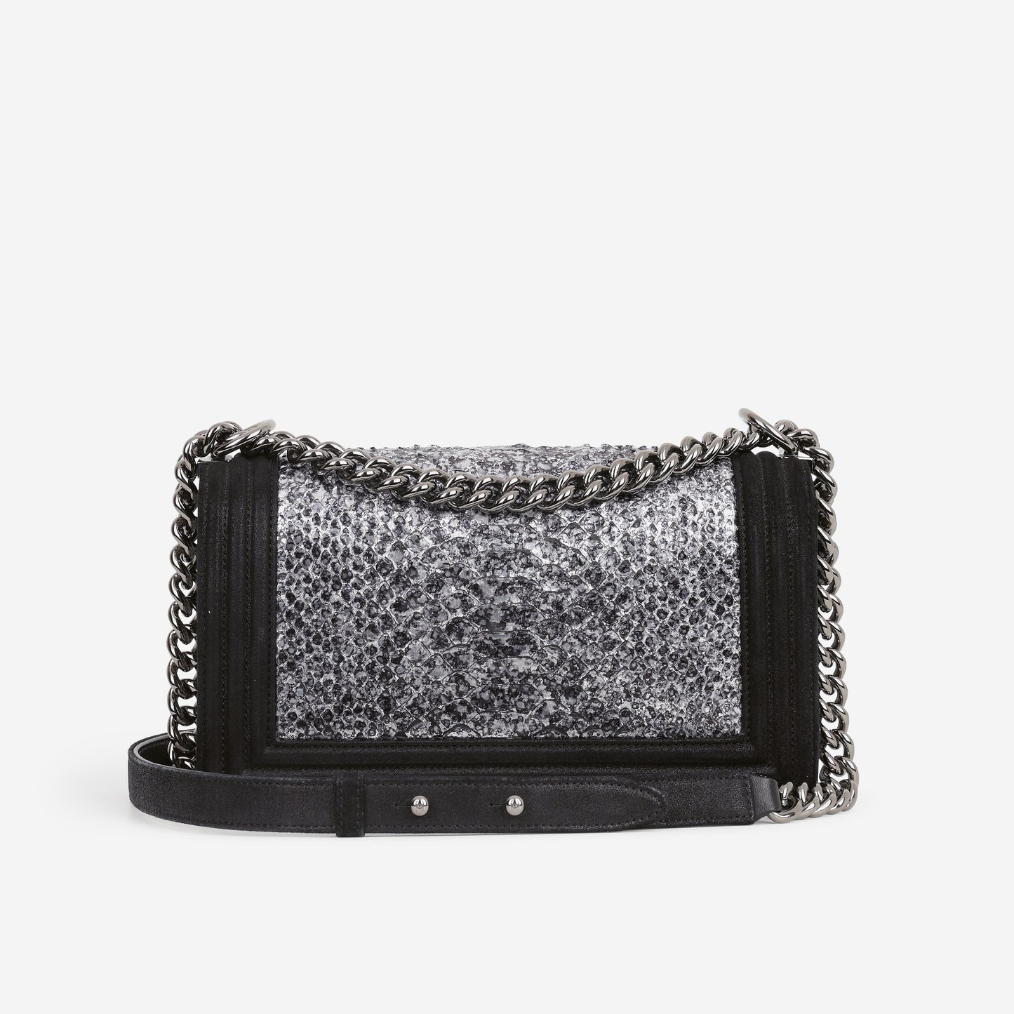 Chanel Old Medium Boy Bag - Silver Python / Black Suede | Gunmetal Hardware
