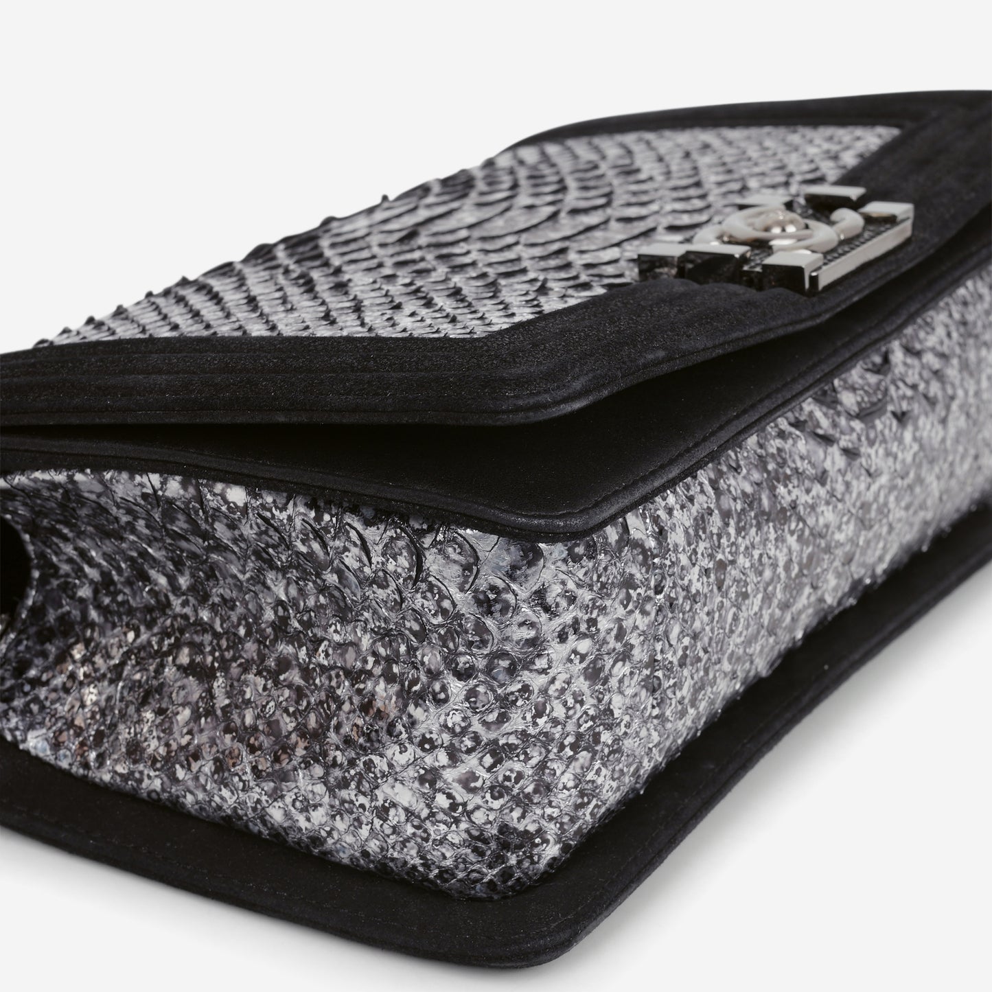 Chanel Old Medium Boy Bag - Silver Python / Black Suede | Gunmetal Hardware