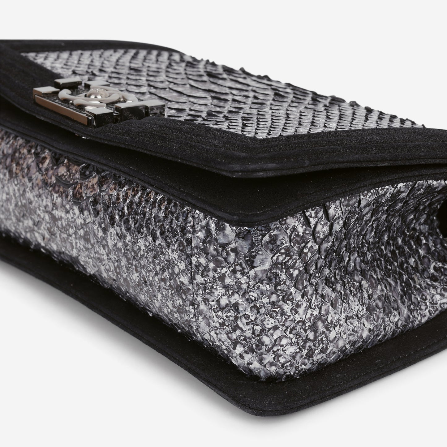 Chanel Old Medium Boy Bag - Silver Python / Black Suede | Gunmetal Hardware
