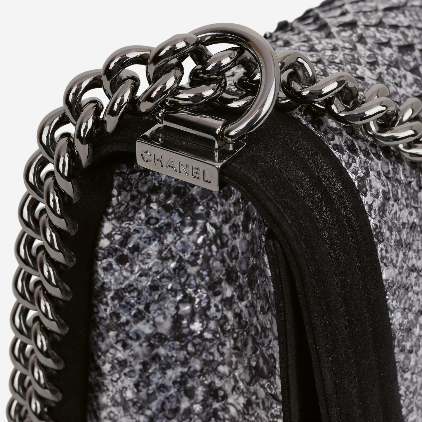 Chanel Old Medium Boy Bag - Silver Python / Black Suede | Gunmetal Hardware