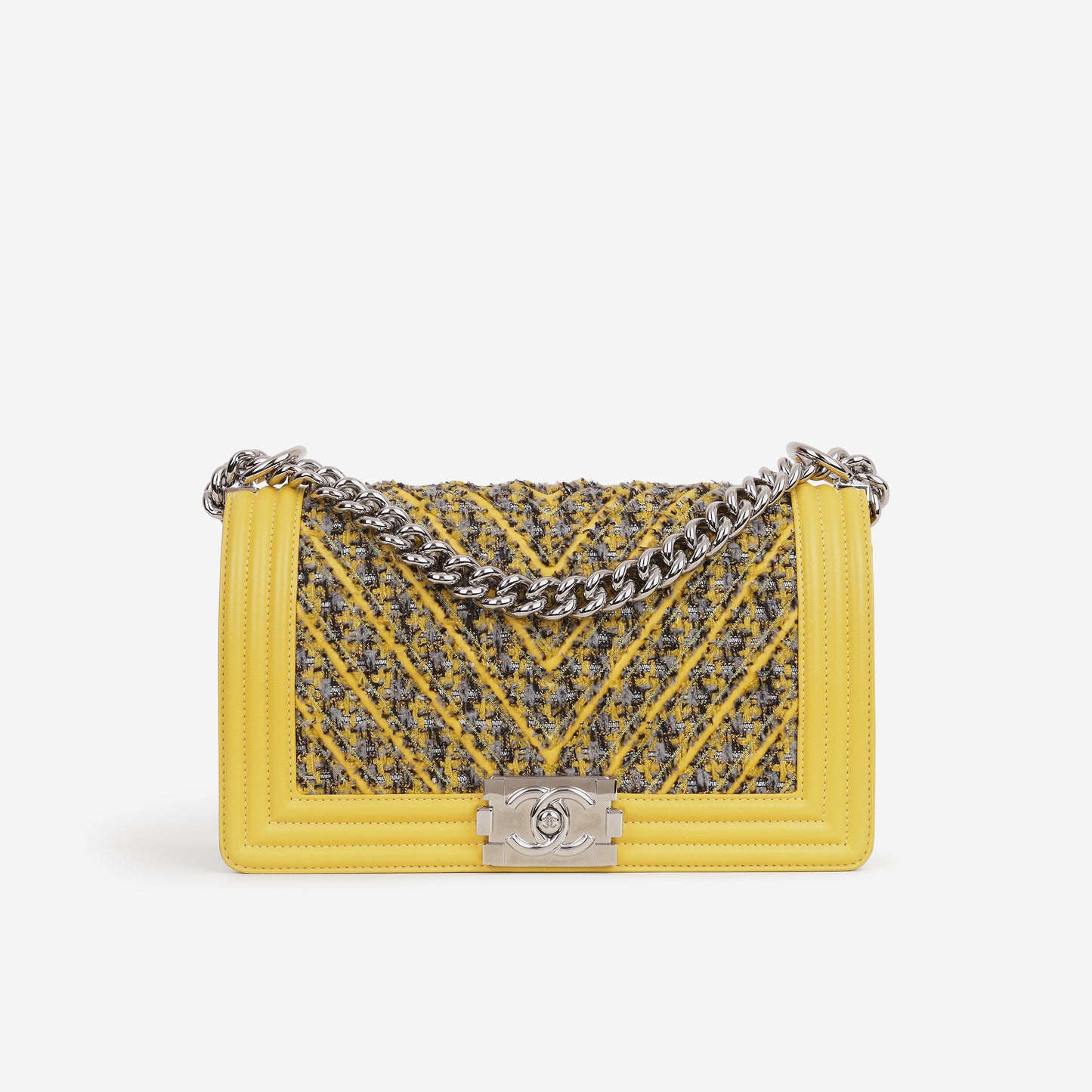 Chanel Old Medium Boy Bag - Yellow Tweed / Lambskin | Silver Hardware