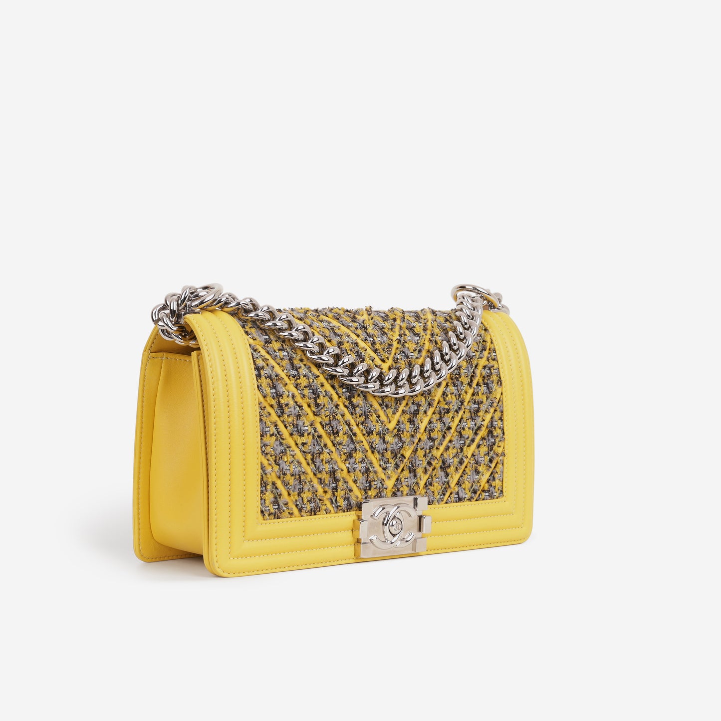 Chanel Old Medium Boy Bag - Yellow Tweed / Lambskin | Silver Hardware
