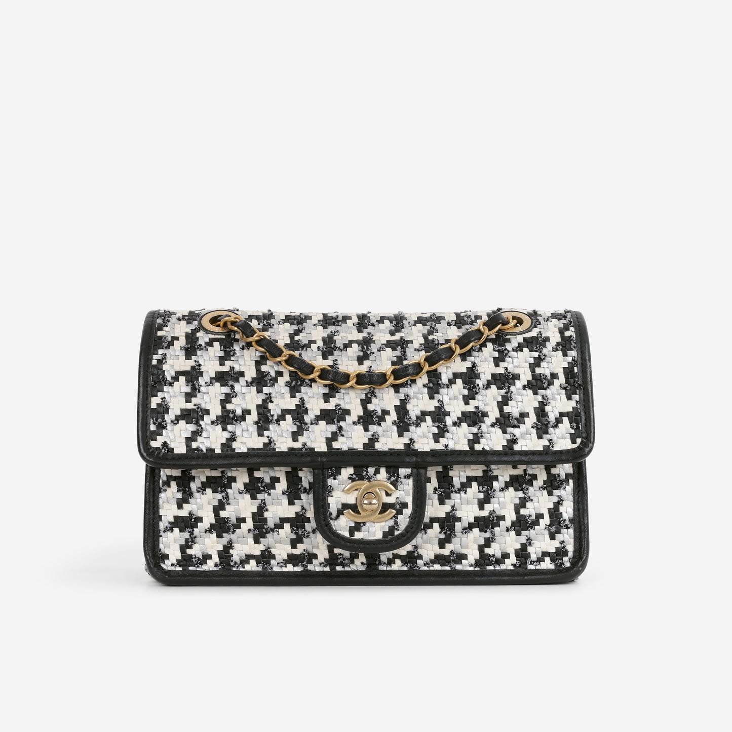 Chanel 23 C Medium Flap Bag - Black/White Houndstooth Woven Lambskin | Aged Gold Hardware