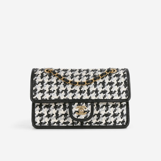 Chanel 23 C Medium Flap Bag - Black/White Houndstooth Woven Lambskin | Aged Gold Hardware