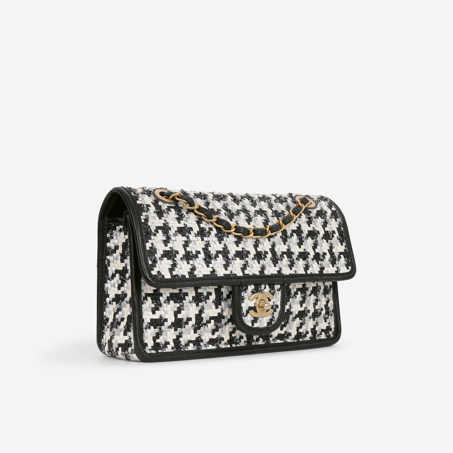 Chanel 23 C Medium Flap Bag - Black/White Houndstooth Woven Lambskin | Aged Gold Hardware