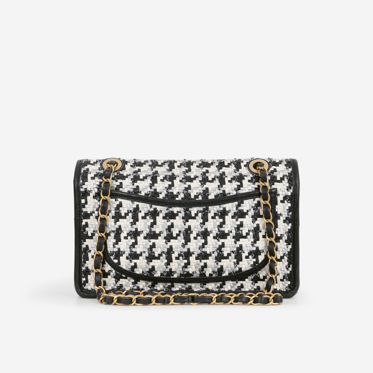 Chanel 23 C Medium Flap Bag - Black/White Houndstooth Woven Lambskin | Aged Gold Hardware