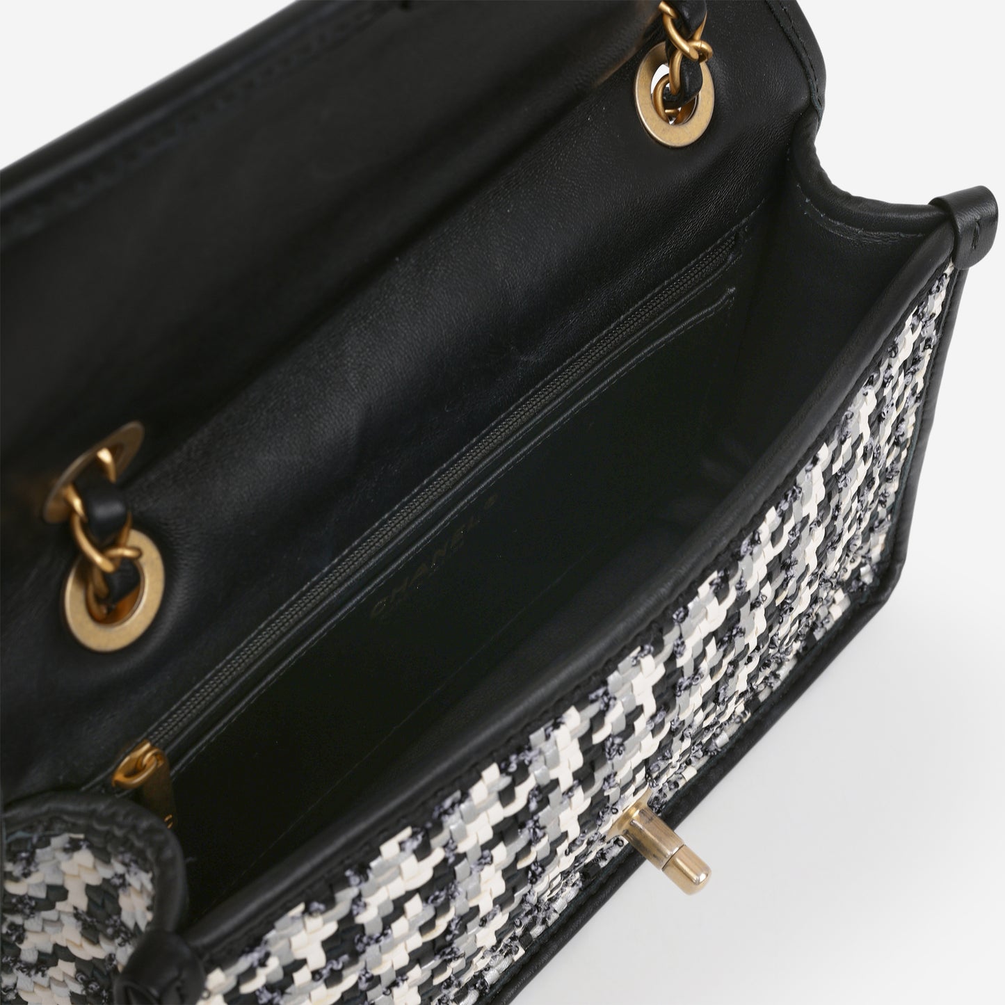 Chanel 23 C Medium Flap Bag - Black/White Houndstooth Woven Lambskin | Aged Gold Hardware