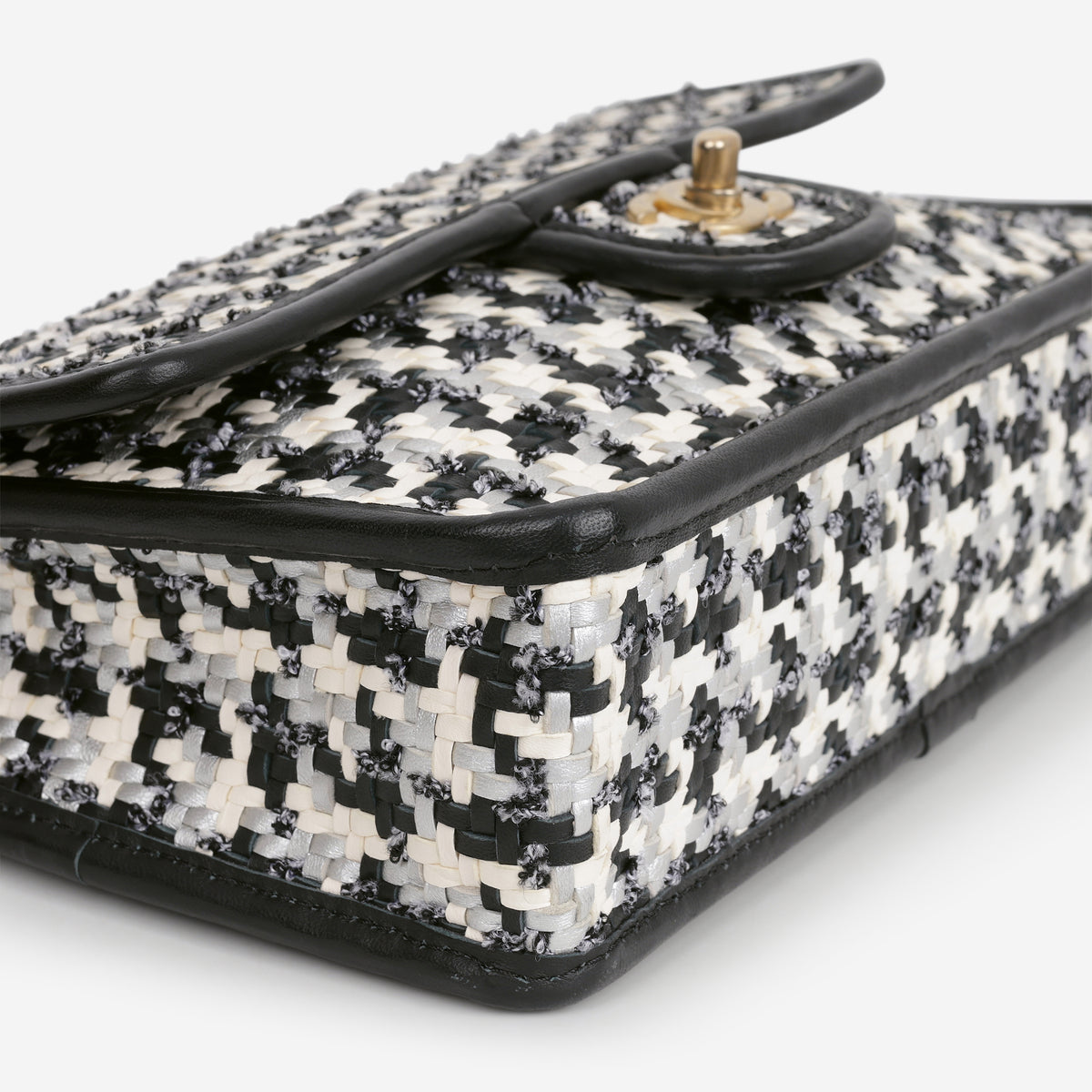 Chanel 23 C Medium Flap Bag - Black/White Houndstooth Woven Lambskin | Aged Gold Hardware