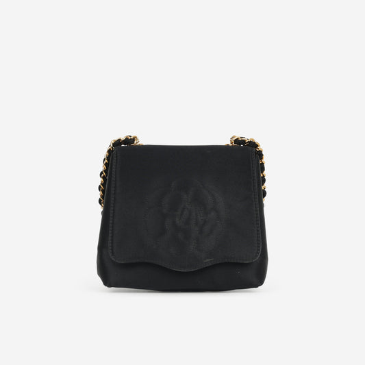 Chanel Vintage Camellia Clutch On Chain - Black Satin | Gold Hardware