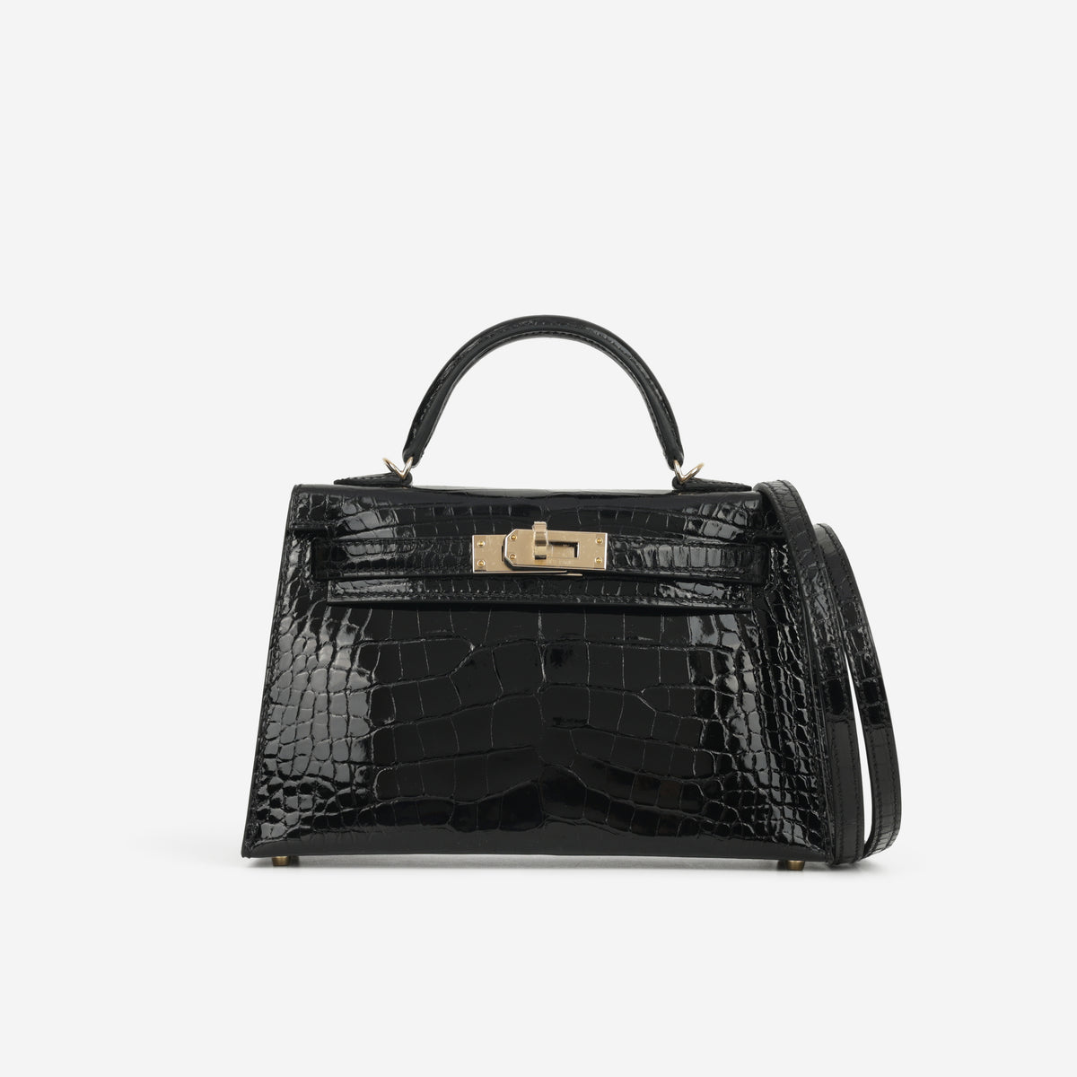 Hermès HSS Mini Kelly 20cm - Black Shiny Alligator / Bordeaux Interior | Permabrass Hardware