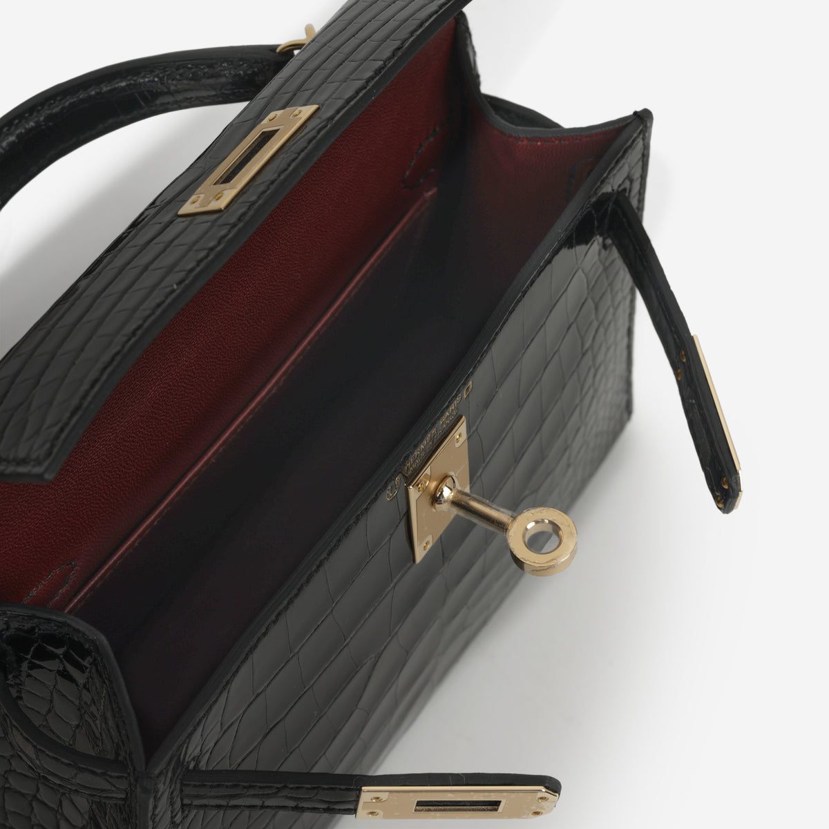 Hermès HSS Mini Kelly 20cm - Black Shiny Alligator / Bordeaux Interior | Permabrass Hardware