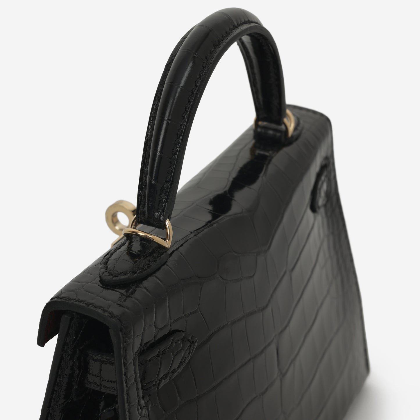 Hermès HSS Mini Kelly 20cm - Black Shiny Alligator / Bordeaux Interior | Permabrass Hardware