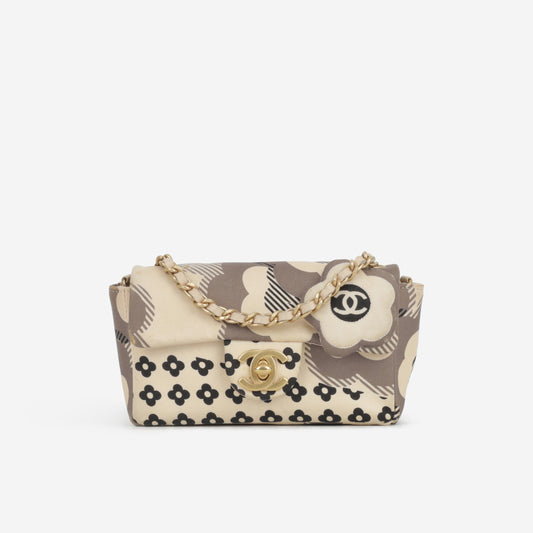 Chanel Vintage Micro Camellia Flap - Beige Printed Satin | Gold Hardware