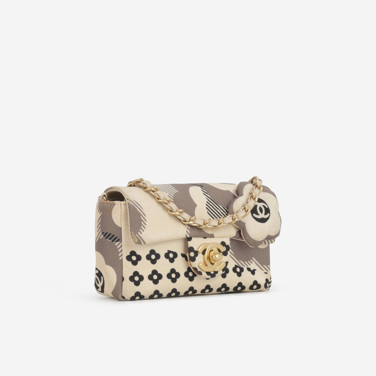 Chanel Vintage Micro Camellia Flap - Beige Printed Satin | Gold Hardware