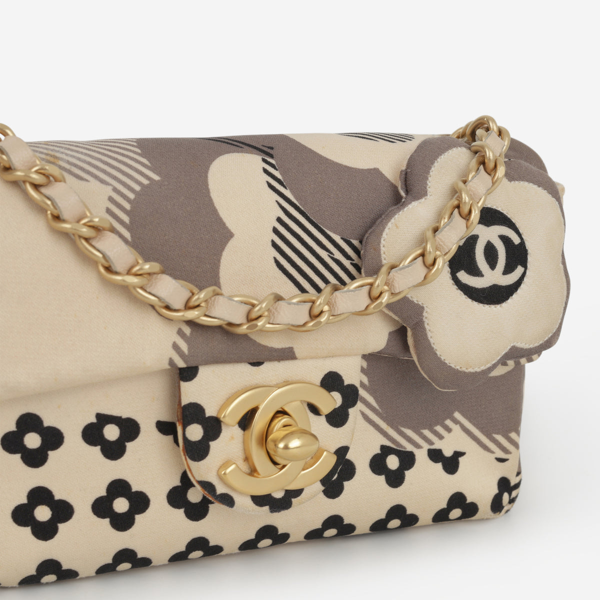 Chanel Vintage Micro Camellia Flap - Beige Printed Satin | Gold Hardware