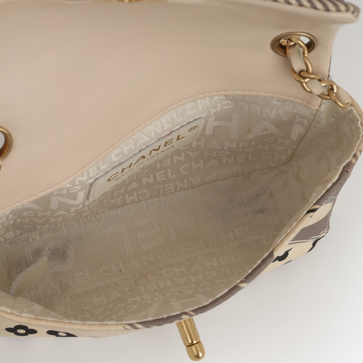 Chanel Vintage Micro Camellia Flap - Beige Printed Satin | Gold Hardware