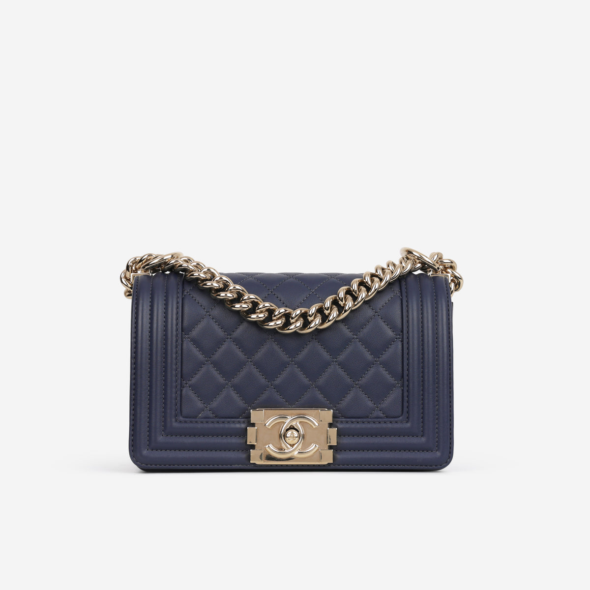 Chanel Small Boy Bag - Navy Lambskin | Champagne Gold Hardware