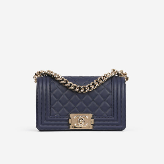 Chanel Small Boy Bag - Navy Lambskin | Champagne Gold Hardware