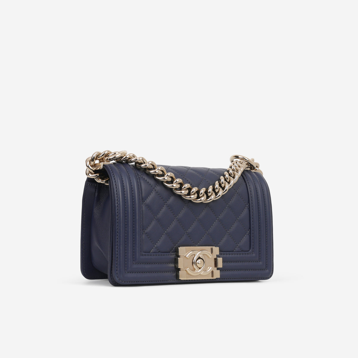 Chanel Small Boy Bag - Navy Lambskin | Champagne Gold Hardware