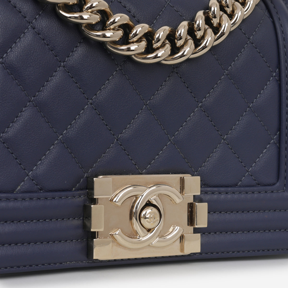 Chanel Small Boy Bag - Navy Lambskin | Champagne Gold Hardware
