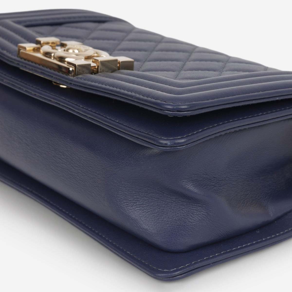 Chanel Small Boy Bag - Navy Lambskin | Champagne Gold Hardware