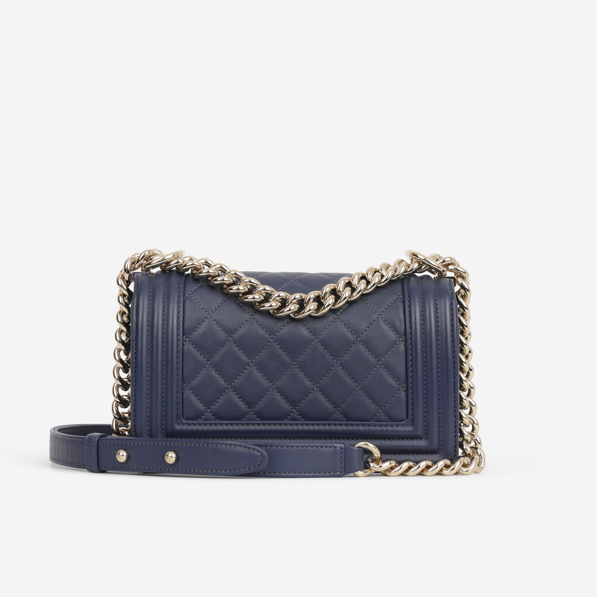 Chanel Small Boy Bag - Navy Lambskin | Champagne Gold Hardware